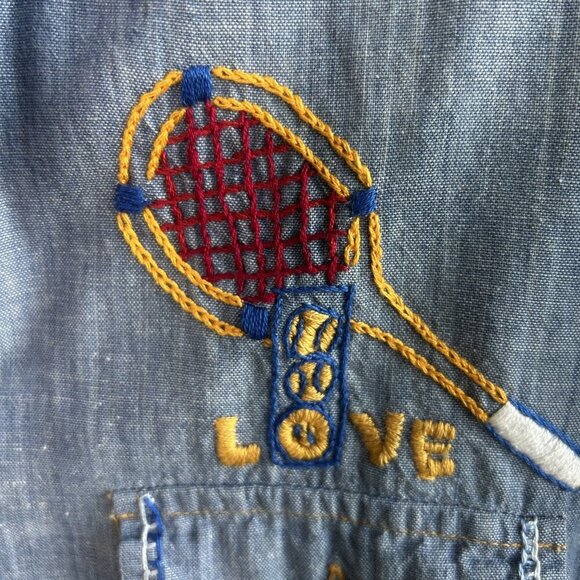 Vintage 60s 70s Hand Embroidered Denim Chambray  Shirt Tennis Floral - Picture 11 of 12